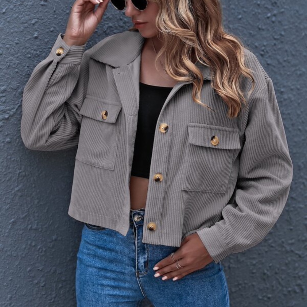 Grey button up pocket corduroy classic jacket shacket - Picture 3 of 7